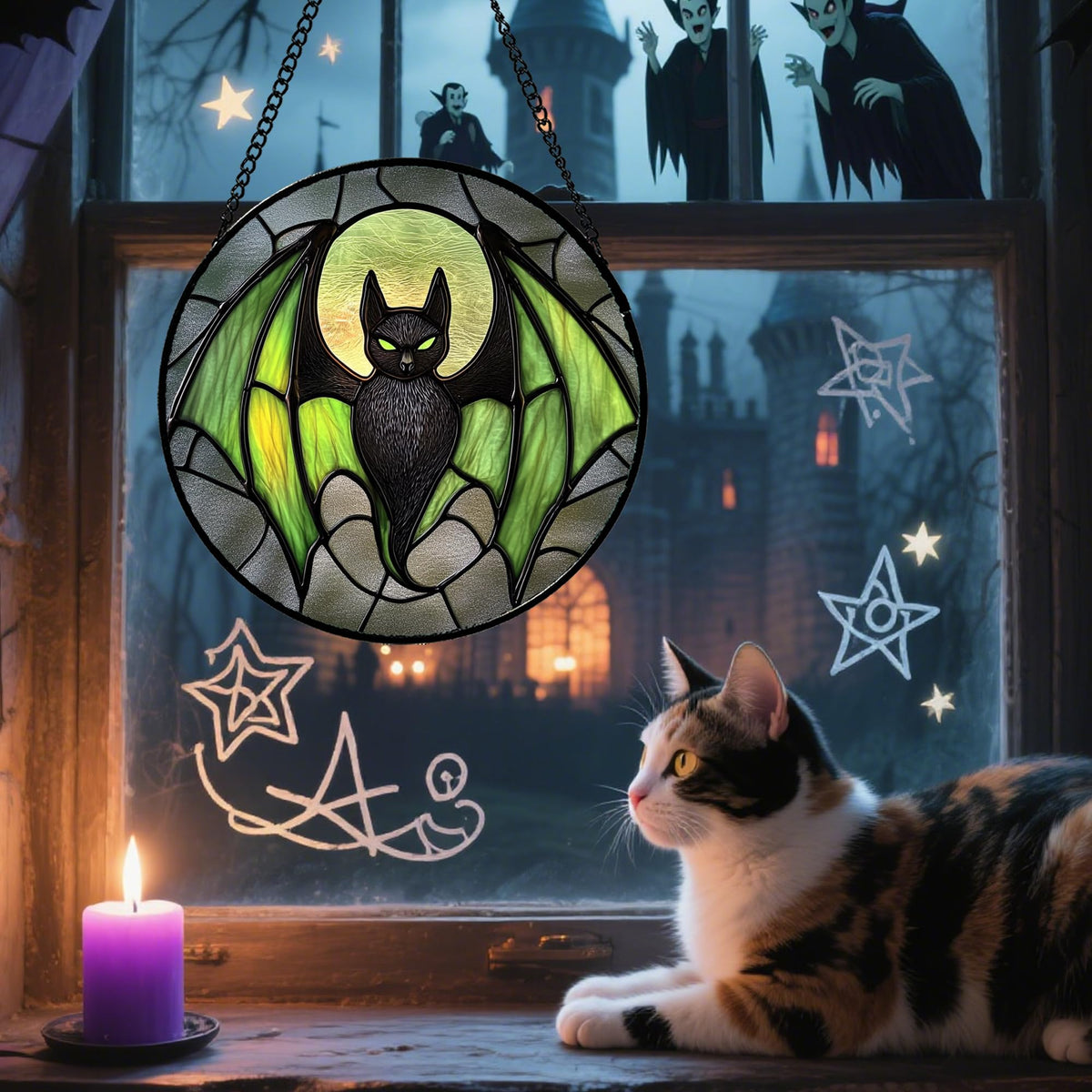 Stained Glass Window Hanging - Halloween Red White Scary Pumpkin Suncatcher for Doors Garden Home Spooky Rattan Sun Catchers Gothic Decor Horror Gifts for Women Men Friend Boy Girl 15 In