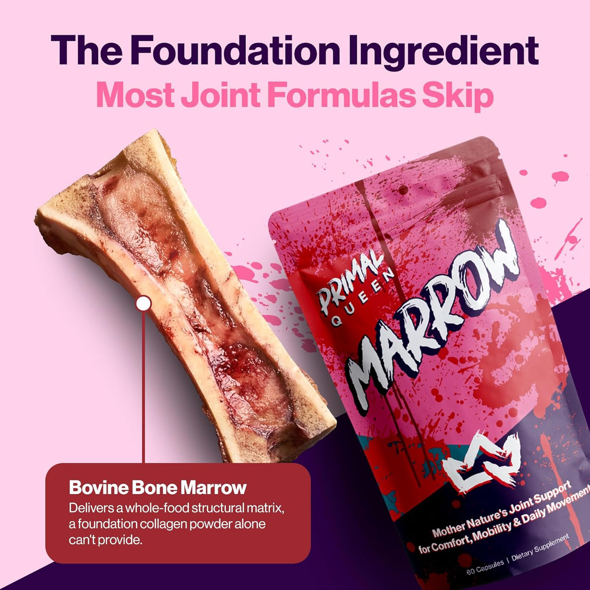 Primal Queen Marrow – Bone Marrow Joint Support for Women | 46x Bioavailable Curcuwin Turmeric, Hyaluronic Acid, Boswellia | Joint Flex Support, 46x More Absorption