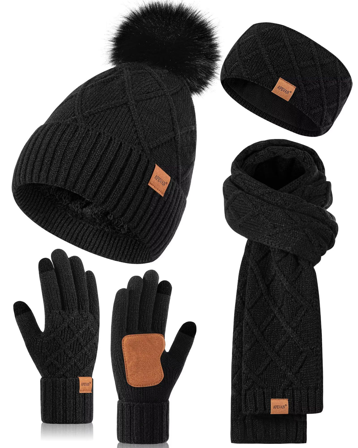 Womens Winter Hat Gloves Scarf Headband Set, Pom Pom Beanie Long Scarf Touchscreen Gloves Ear Warmer, 4 in 1 Warm Gift Set