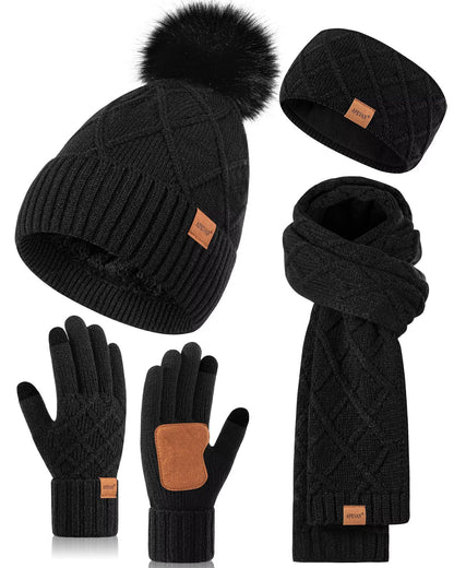 Womens Winter Hat Gloves Scarf Headband Set, Pom Pom Beanie Long Scarf Touchscreen Gloves Ear Warmer, 4 in 1 Warm Gift Set