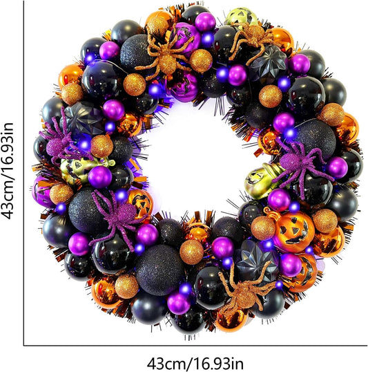 Hiptree 17 Inch Halloween Ball Wreath for Front Door with Lights, Lighted Cute Treat-Or-Trick Door Wreath Ball Ornament for Halloween Indoor Decorations Centerpiece Party Holiday Wall Home Decor
