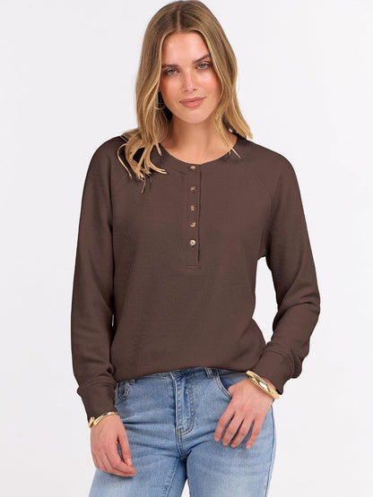 ANRABESS Women's Waffle Knit Henley Top Long Sleeve Shirts