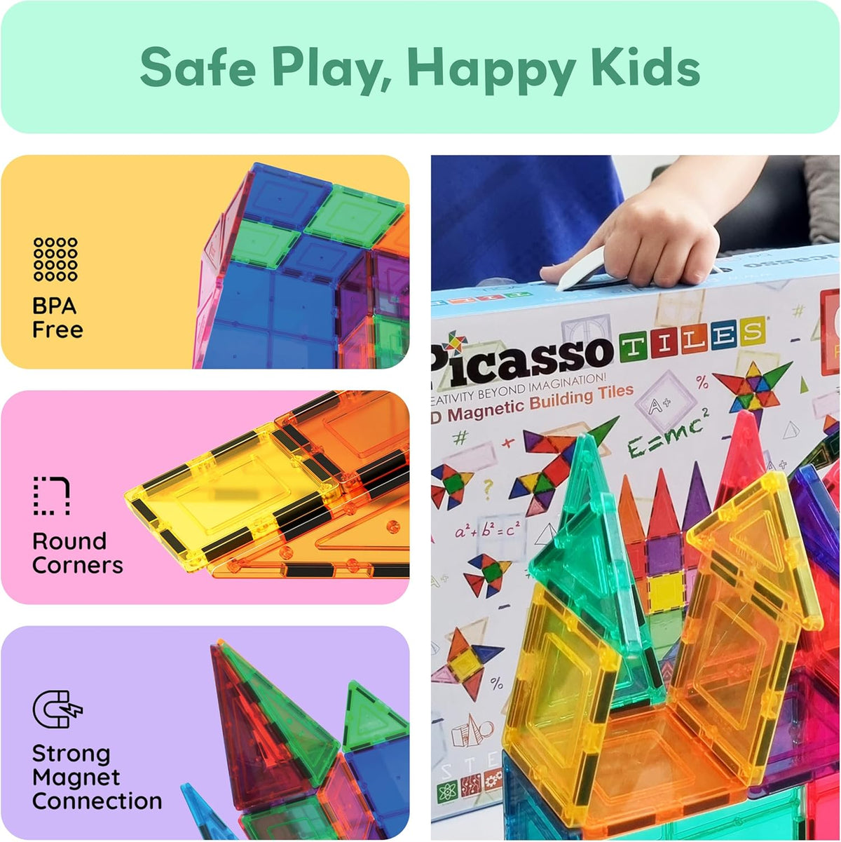 Picassotiles 100 Piece Set 100pcs Magnet Building Tiles Clear Magnetic 3D Blocks Construction Playboards, Creativity Beyond Imagination, Inspirational, Recreational, Educational Conventional