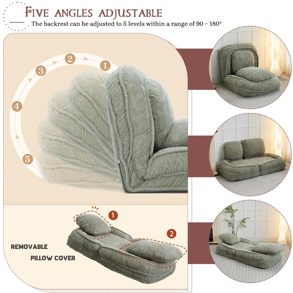 Upholstered Convertible Lounge Chair with 2 Soft Pillows