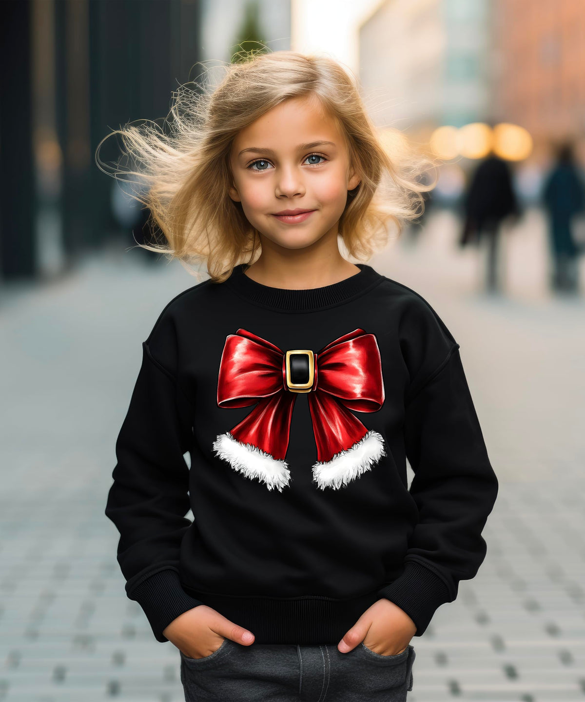Olive Loves Apple Red Santa Bow Sweatshirt for Women Teens and Kids Christmas Holiday Pullover