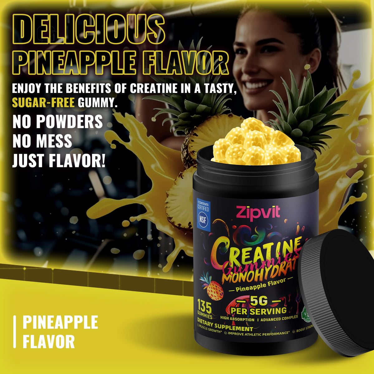 Creatine Monohydrate Gummies, Nsf Certified Creatine Gummy, 5g Dose for Men & Women to Support Muscle, Strength, Recovery, Cognitive Health & Memory, Pineapple Flavor, 135 Gummies
