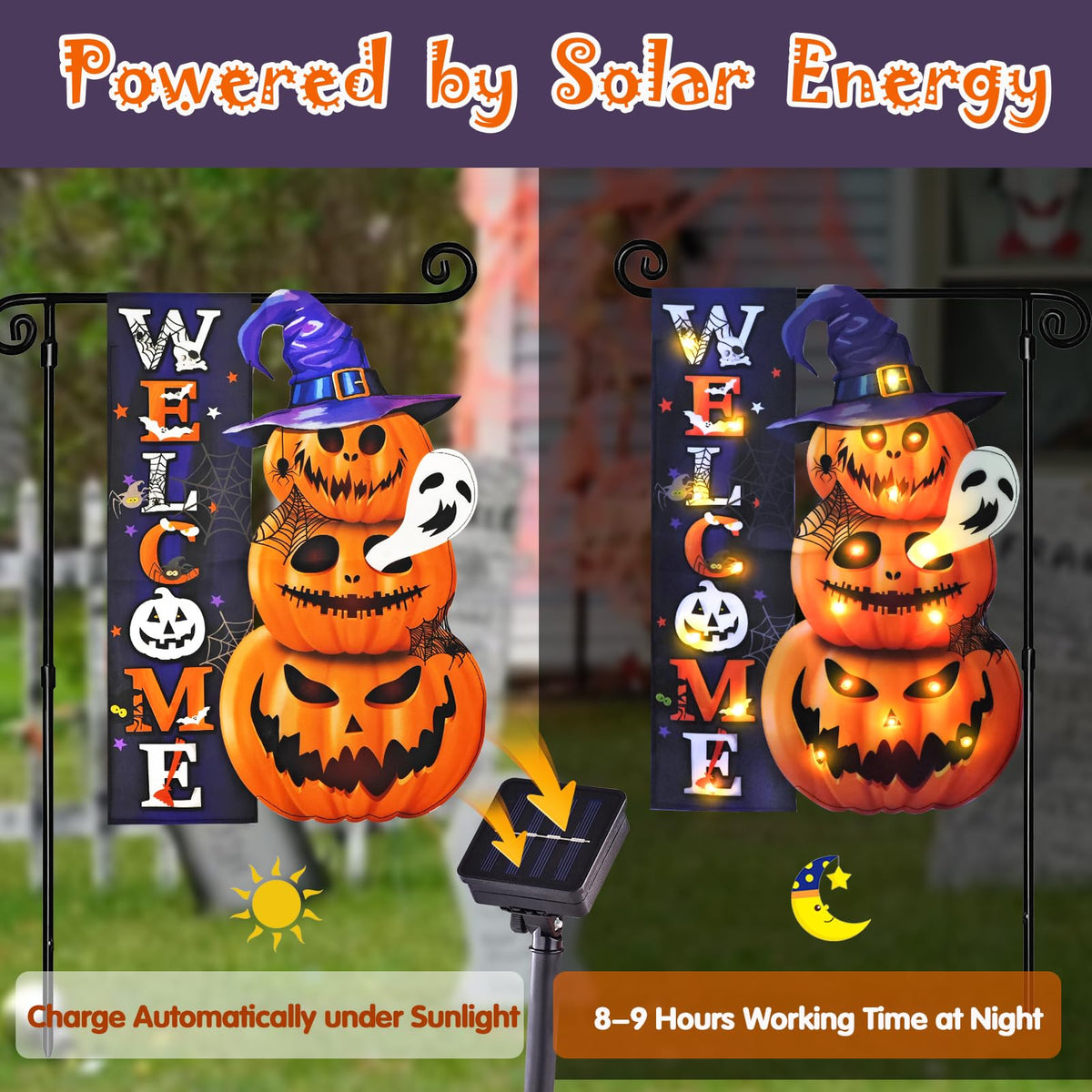 Halloween Lighted Garden Flag for Outside, LED Solar Yard Flag 8 Modes Witch Feet Shape Flag, 28x40 Double Sided Cauldron Eyeball Black Cat Decorations for Home Porch