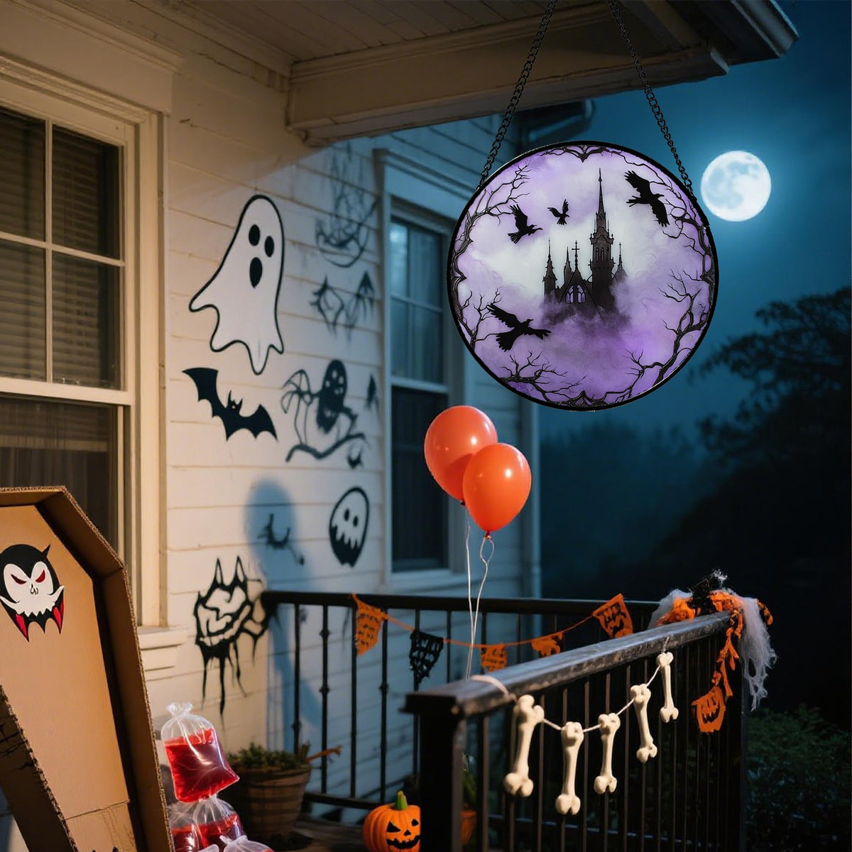 Stained Glass Window Hanging - Halloween Red White Scary Pumpkin Suncatcher for Doors Garden Home Spooky Rattan Sun Catchers Gothic Decor Horror Gifts for Women Men Friend Boy Girl 15 In