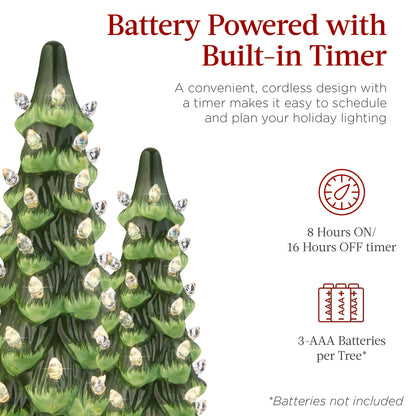Best Choice Products Set of 3 Ceramic Christmas Trees, Pre-Lit Hand-Painted Tabletop Holiday Decoration W/Multicolor Bulbs, LED Lights – Green