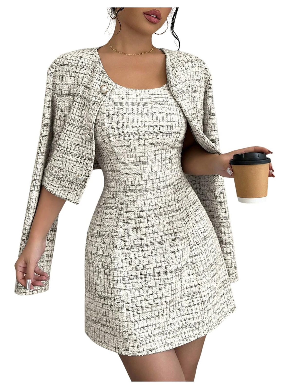 SOLY HUX Women's 2 Piece Plaid Long Sleeve Button Cropped Jacket Dress Set