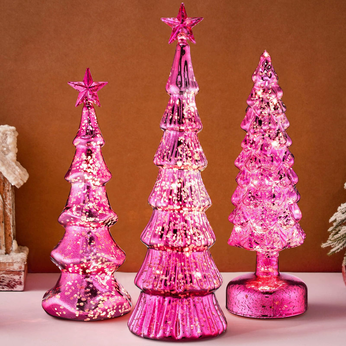 Funnymoom 3 Pack Glass Christmas Trees Decor Lighted Christmas Tree Tabletop Glitter Centerpiece Decoration Glass Xmas Tree Figurines Holiday Ornament for Table Mantle Fireplace(gold,classic)
