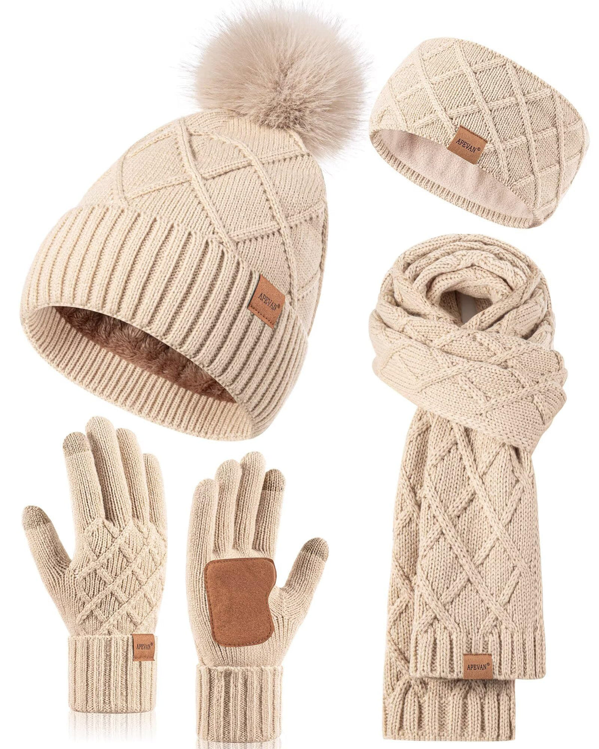 Womens Winter Hat Gloves Scarf Headband Set, Pom Pom Beanie Long Scarf Touchscreen Gloves Ear Warmer, 4 in 1 Warm Gift Set