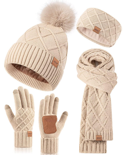 Womens Winter Hat Gloves Scarf Headband Set, Pom Pom Beanie Long Scarf Touchscreen Gloves Ear Warmer, 4 in 1 Warm Gift Set