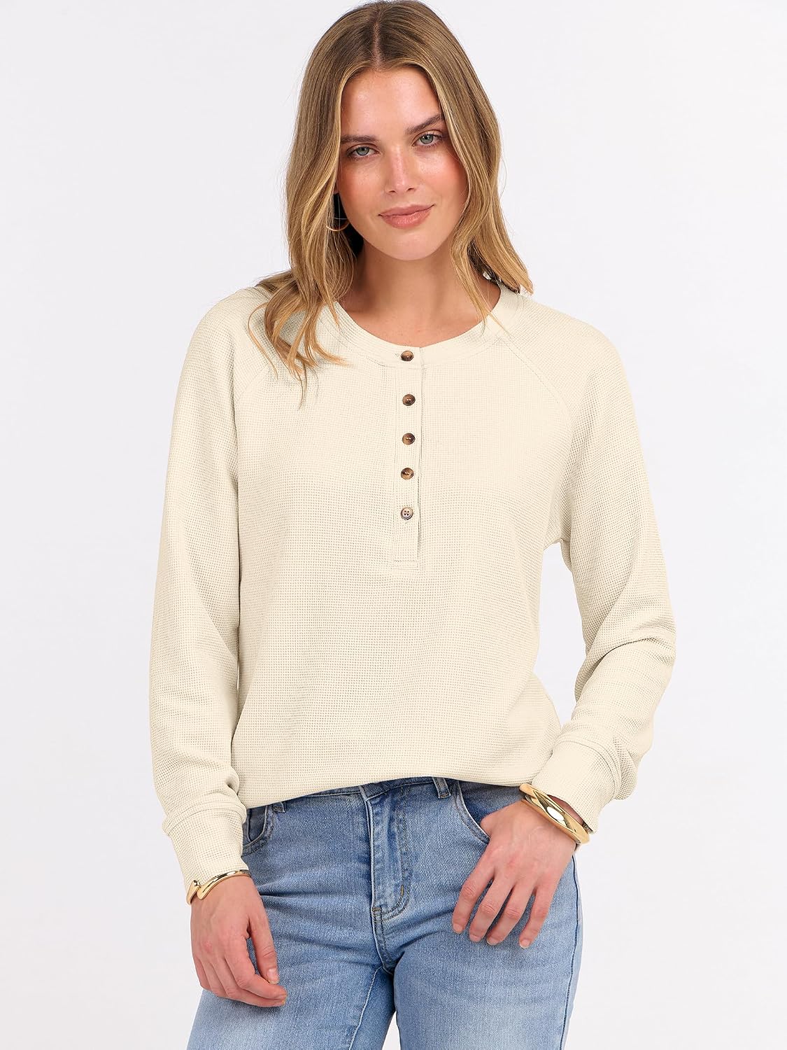 ANRABESS Women's Waffle Knit Henley Top Long Sleeve Shirts