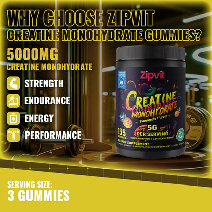 Creatine Monohydrate Gummies, Nsf Certified Creatine Gummy, 5g Dose for Men & Women to Support Muscle, Strength, Recovery, Cognitive Health & Memory, Pineapple Flavor, 135 Gummies
