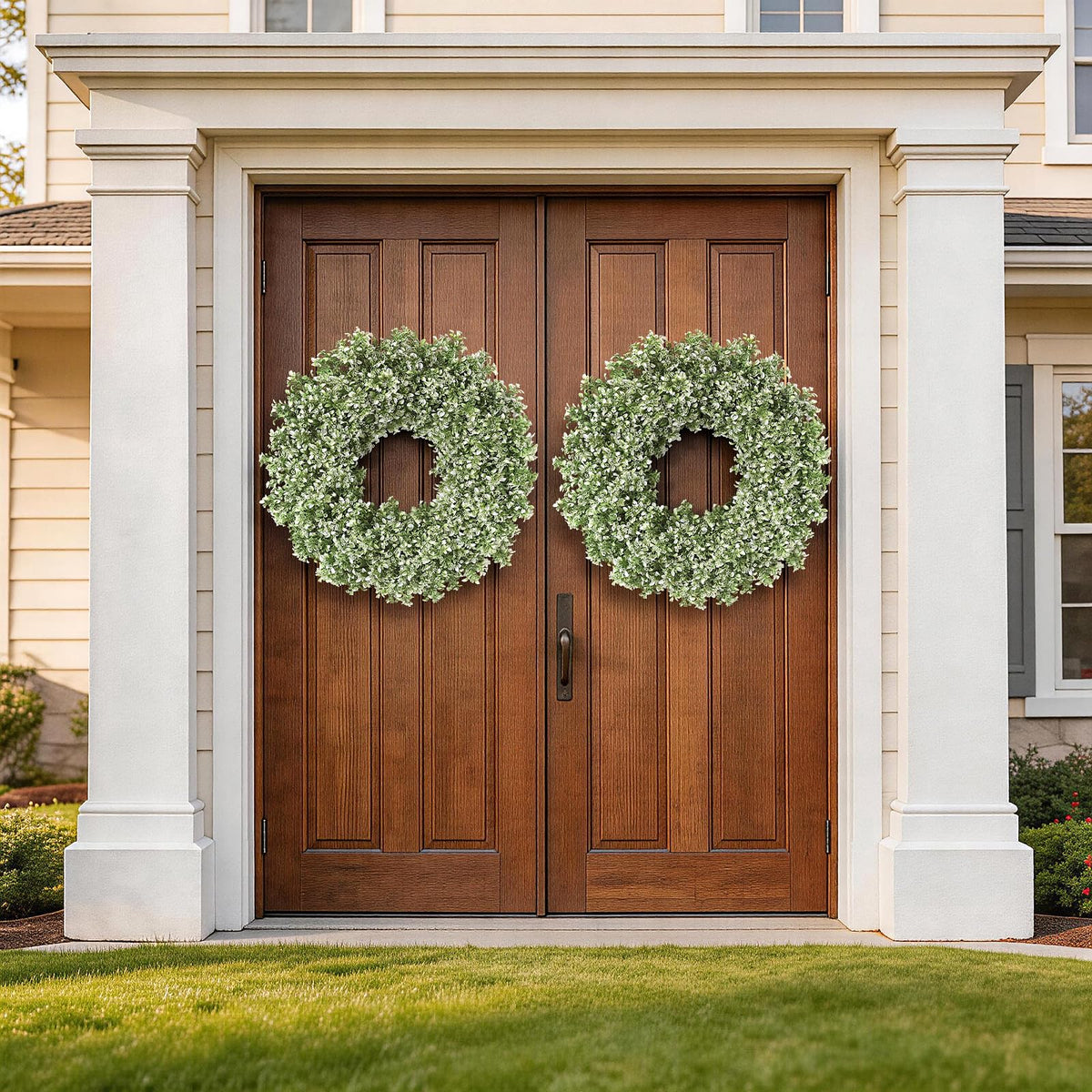 32" Large Artificial Boxwood Wreath for Front Door (White-Green) | Waterproof & Fade Resistant