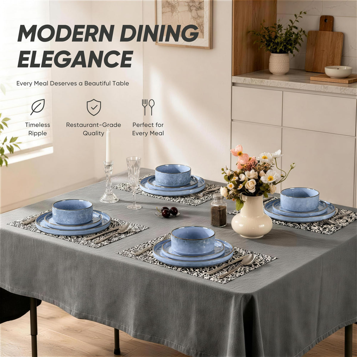 E-far Stoneware Dinnerware Set, 16-Piece Plates and Bowls Sets for 4