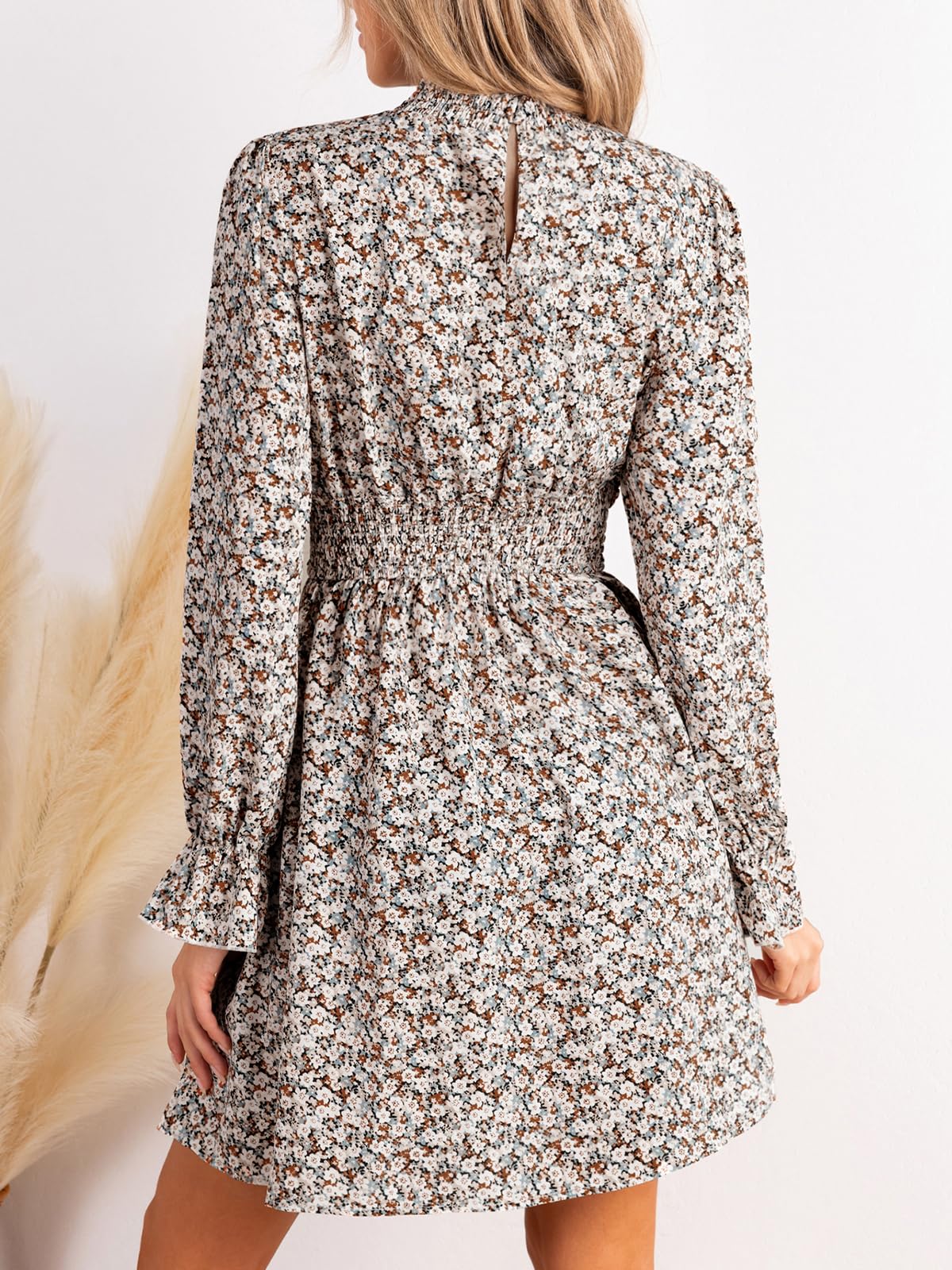 CUPSHE Women Mock Neck Floral Smocked Waist Mini Dress