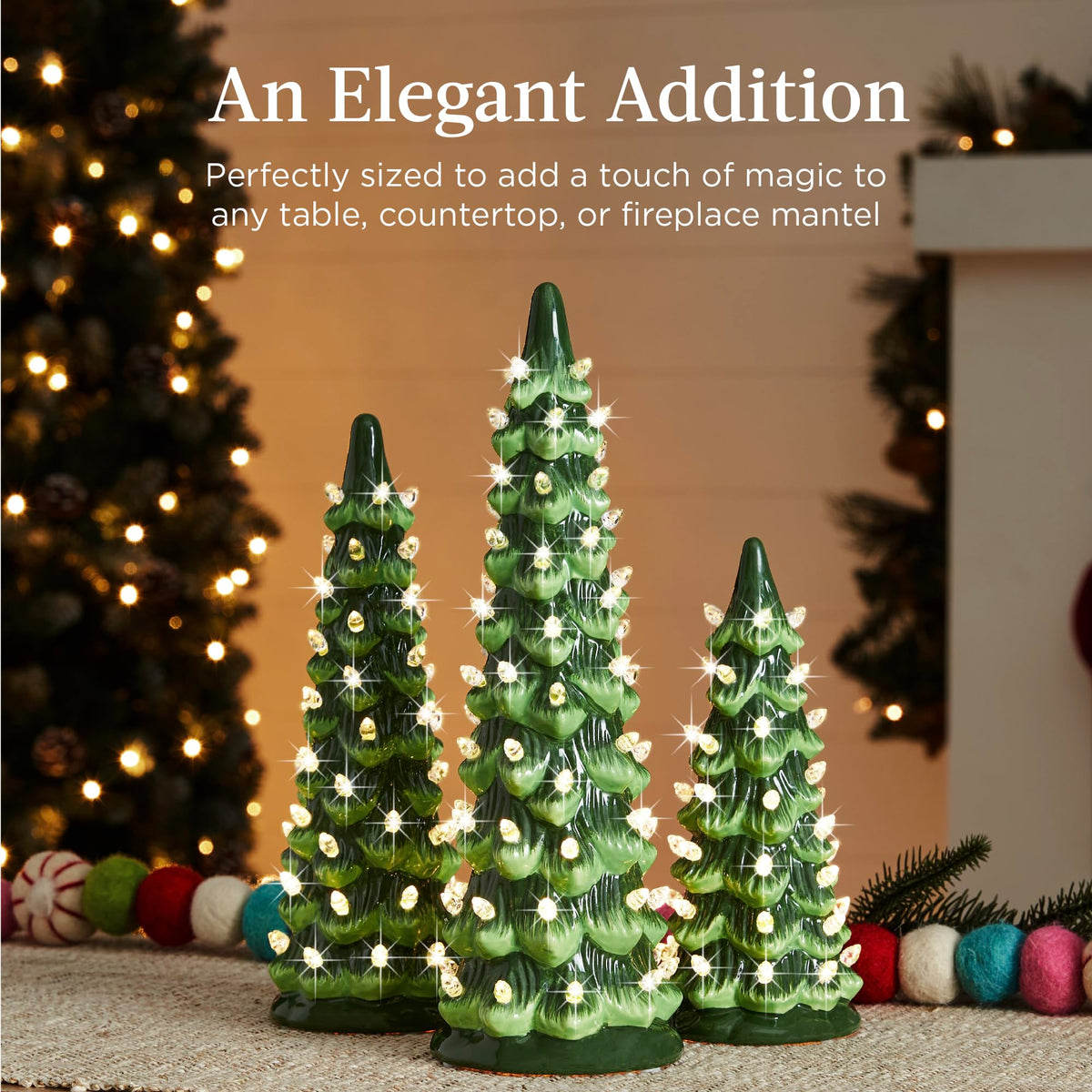 Best Choice Products Set of 3 Ceramic Christmas Trees, Pre-Lit Hand-Painted Tabletop Holiday Decoration W/Multicolor Bulbs, LED Lights – Green