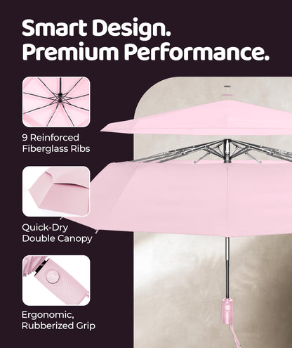 Windproof Travel Umbrella - Compact & Withstands Winds up to 100MPH, Strongest Premium Auto Folding Umbrella for Rain and Sun - Durable, Light & Portable for Women & Men, Fits Backpack & Cars