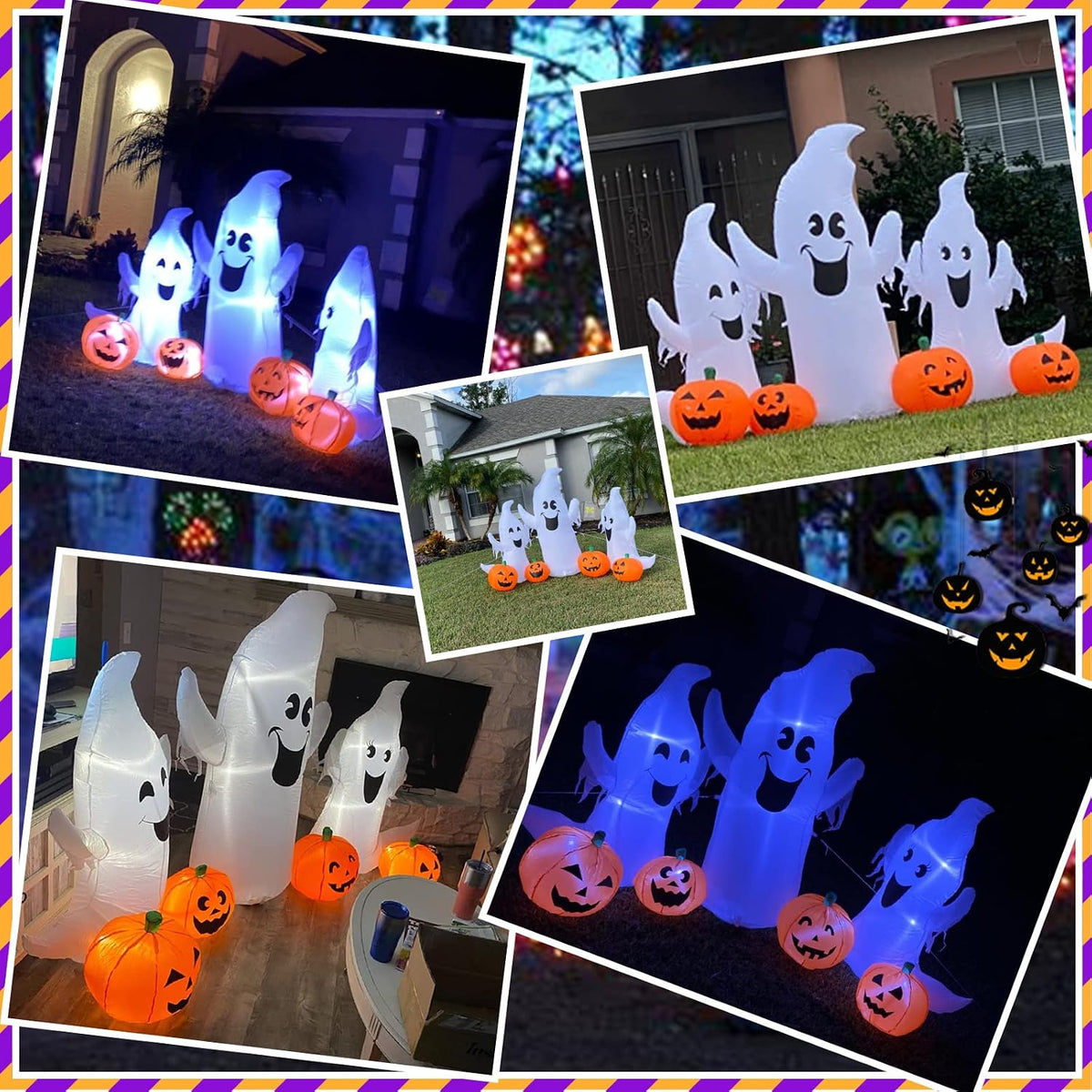 7FT Length Halloween Inflatable Ghosts and Pumpkins, 3 Ghosts Inflatables with LED Lights for Home Yard Lawn Indoor Halloween Outdoor Decoration
