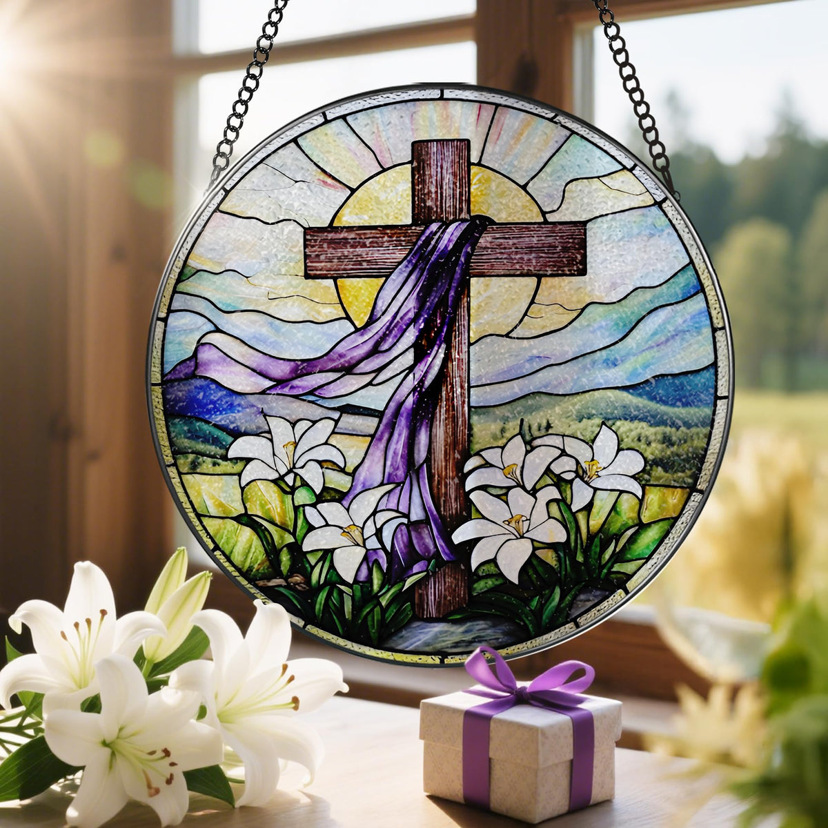 8-Inch Jesus with Cardinals Suncatcher Ornament, Stained Glass Window Hanging & Religious Christmas Ornament, Christian Window Decor — Memorial Gift, Christian Gifts for Her, Religious Gifts