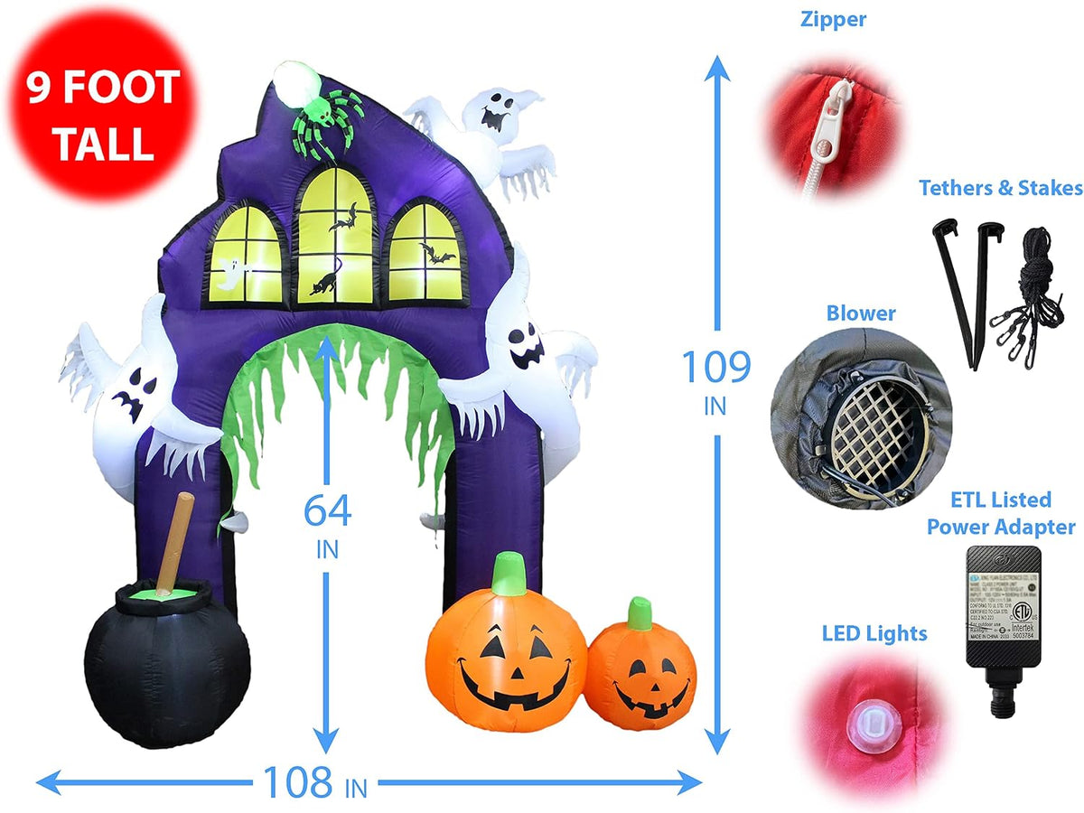 9 Ft Tall Halloween Inflatable Castle Archway | Pumpkins Spider Ghosts Cauldron, LED Lights, Outdoor Indoor, Yard Blowup