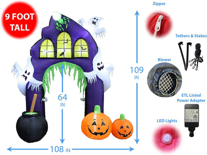 9 Ft Tall Halloween Inflatable Castle Archway | Pumpkins Spider Ghosts Cauldron, LED Lights, Outdoor Indoor, Yard Blowup