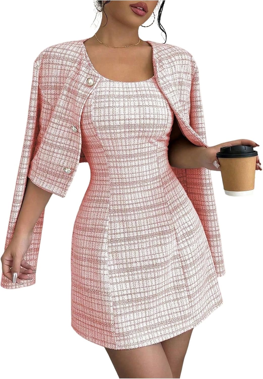 SOLY HUX Women's 2 Piece Plaid Long Sleeve Button Cropped Jacket Dress Set