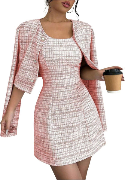 SOLY HUX Women's 2 Piece Plaid Long Sleeve Button Cropped Jacket Dress Set