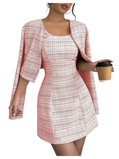 SOLY HUX Women's 2 Piece Plaid Long Sleeve Button Cropped Jacket Dress Set