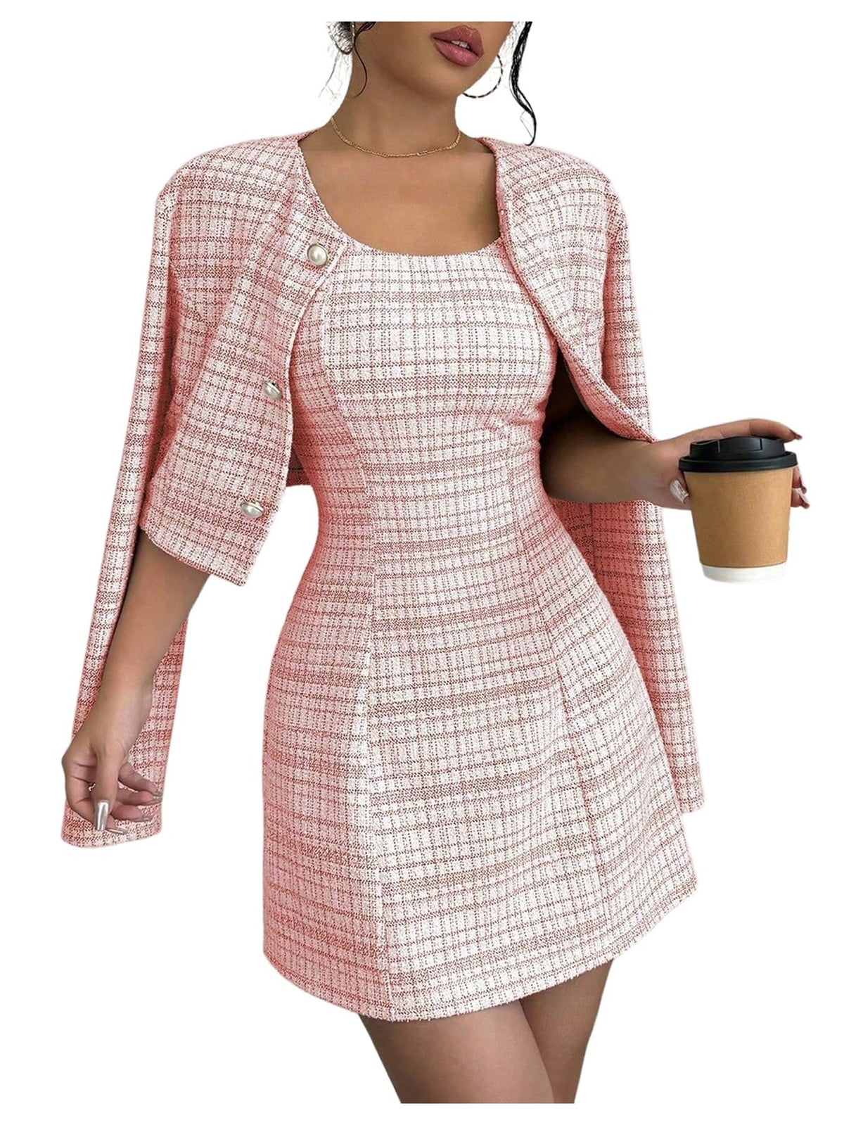 SOLY HUX Women's 2 Piece Plaid Long Sleeve Button Cropped Jacket Dress Set