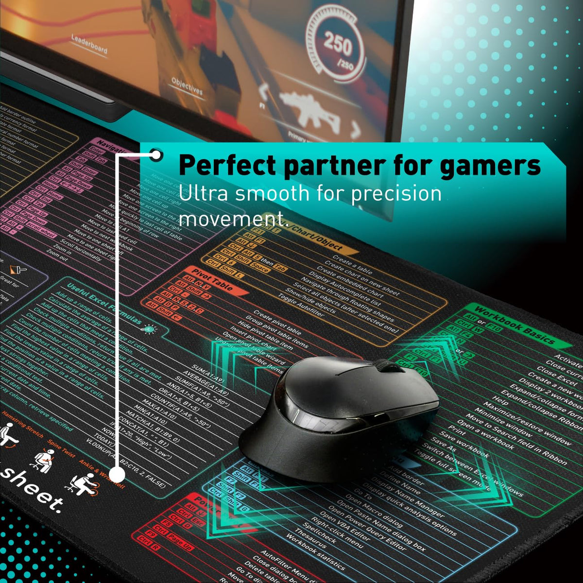 Pixiecube Excel Cheat Sheet Desk Pad | Excel Shortcut Keys Mouse Pad | Extended Large XL Gaming Mousepad | Pc Office Spreadsheet Keyboard Mat | Non-Slip Stitched Edge