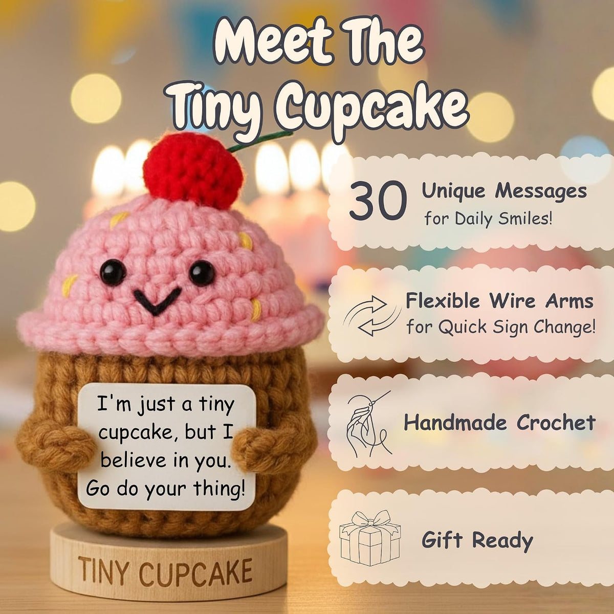 Emotional Support Gifts for Women - Positive Crochet Cupcake W/ 30 Uplifting Affirmation Cards