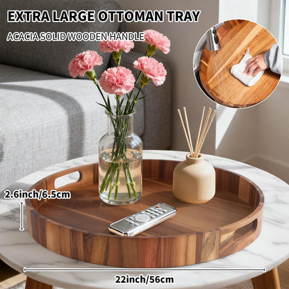 Extra Large 20INCH Premium Acacia Wood Tray Round Ottoman Tray with Handles