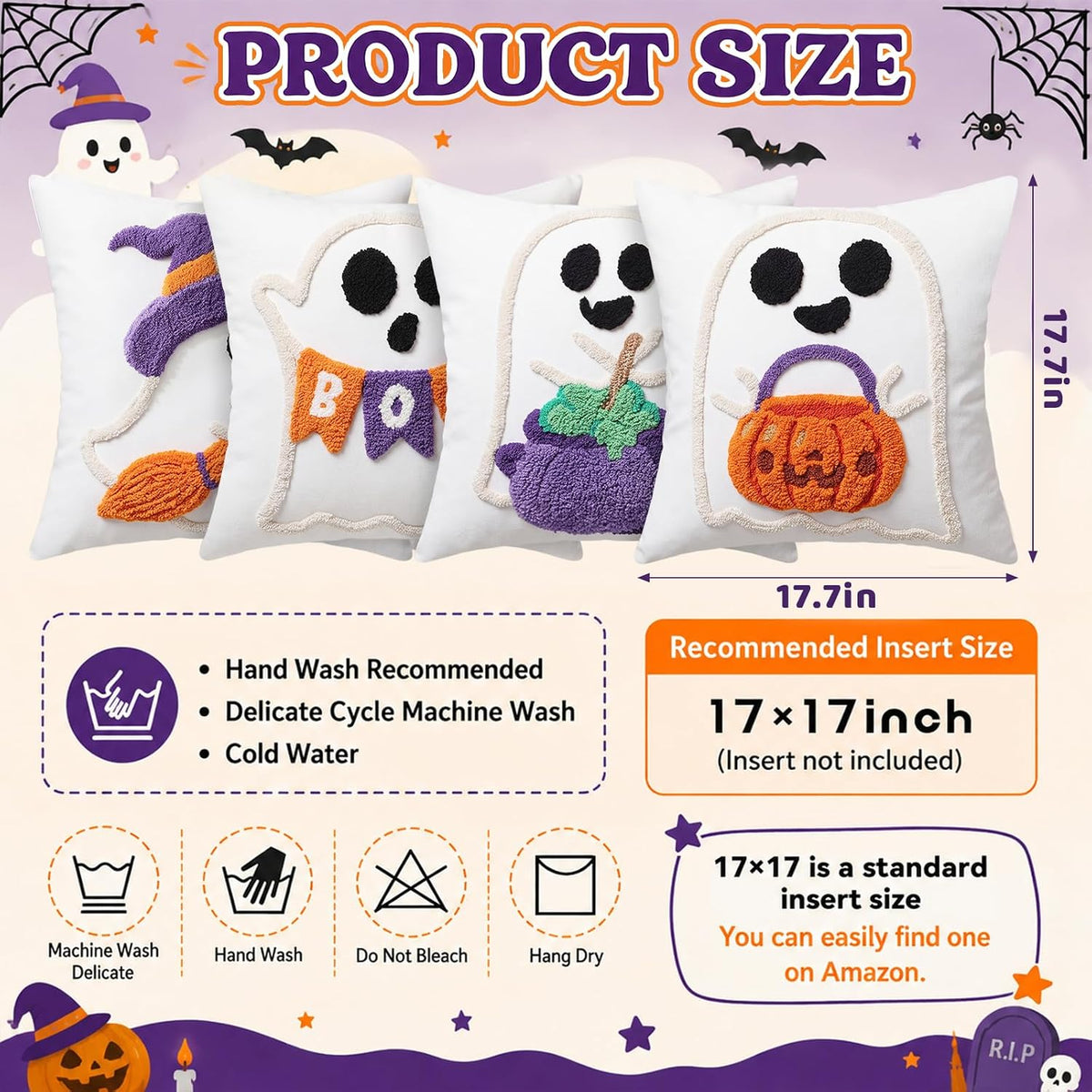 Irenare 4 Pcs 18 X 18 Inch Halloween Throw Pillow Covers Cute Ghost Witch Crochet Pillowcase Boo Embroidered Cushion Gift for Halloween Farmhouse Couch Sofa Home Decor
