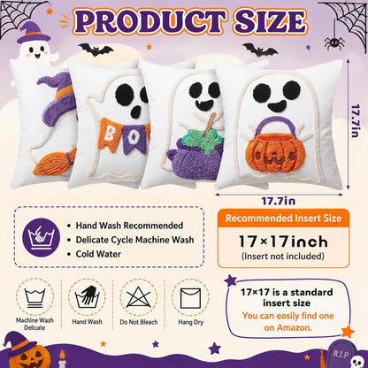 Irenare 4 Pcs 18 X 18 Inch Halloween Throw Pillow Covers Cute Ghost Witch Crochet Pillowcase Boo Embroidered Cushion Gift for Halloween Farmhouse Couch Sofa Home Decor