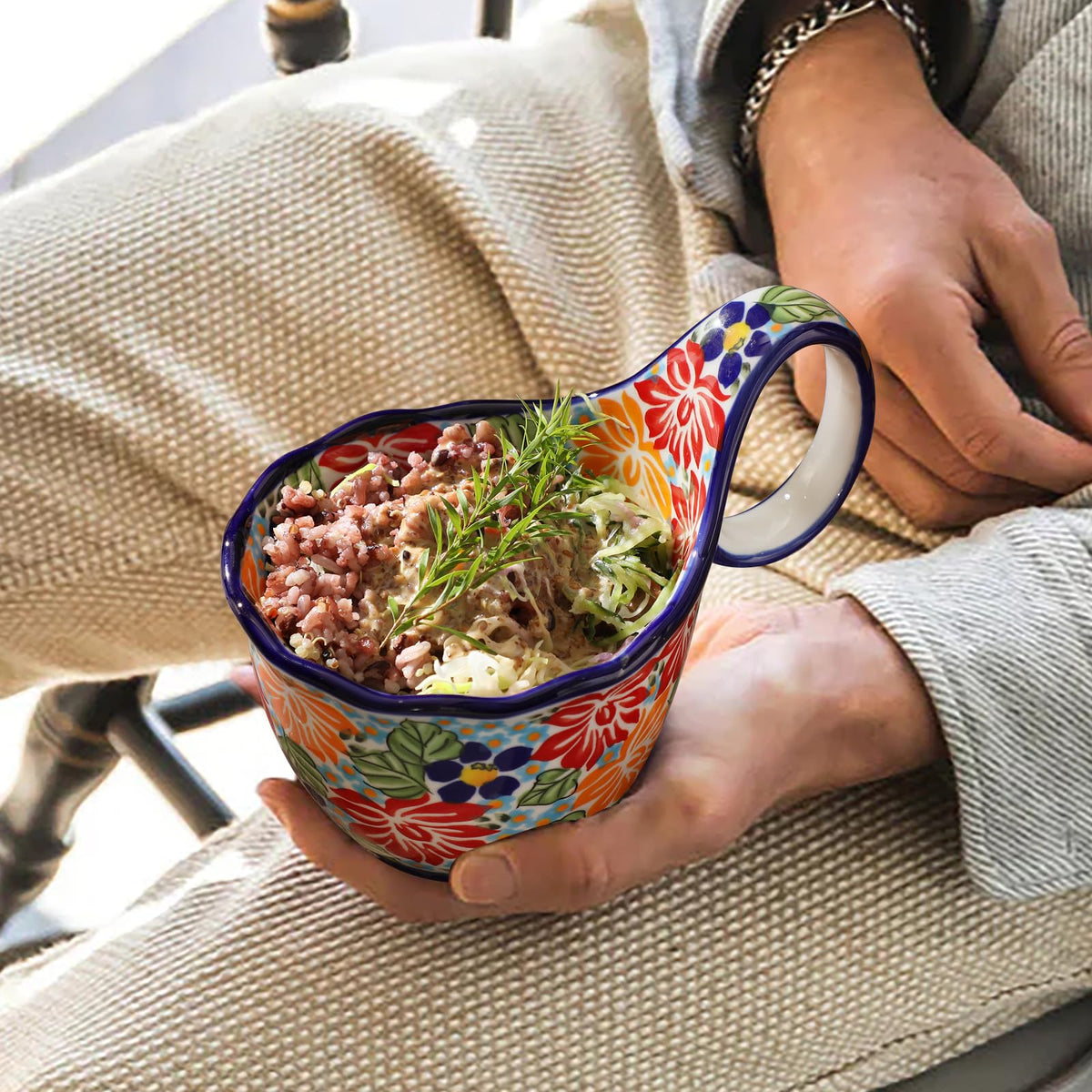 Alma Handpainted Microwavable Soup Bowl with Loop Handle 18.6Oz, Cereal Bowl with Handle