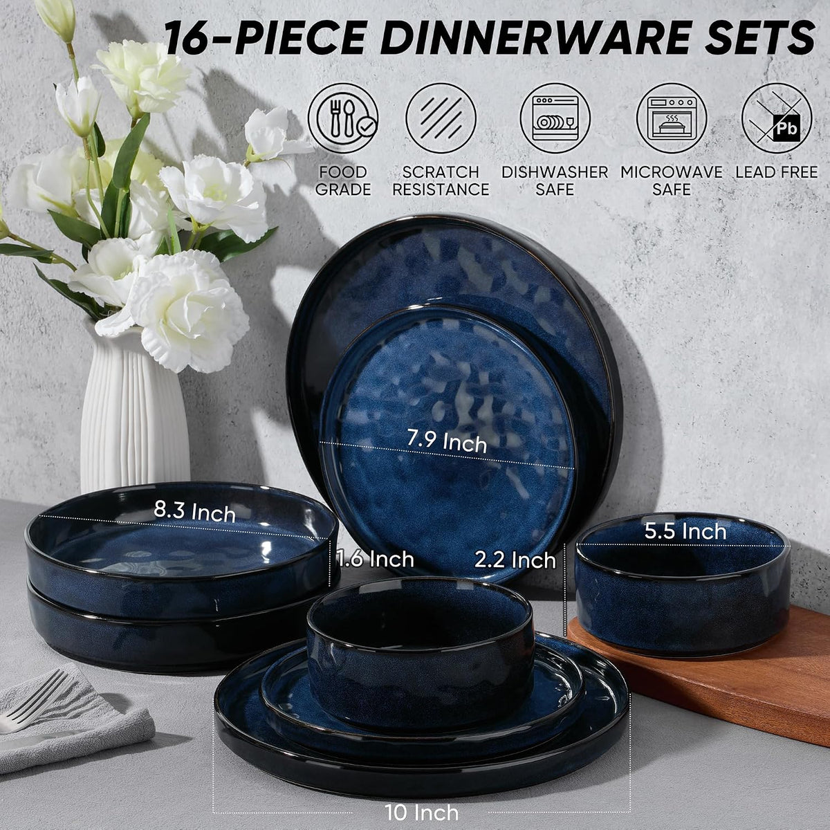 E-far Stoneware Dinnerware Set, 16-Piece Plates and Bowls Sets for 4