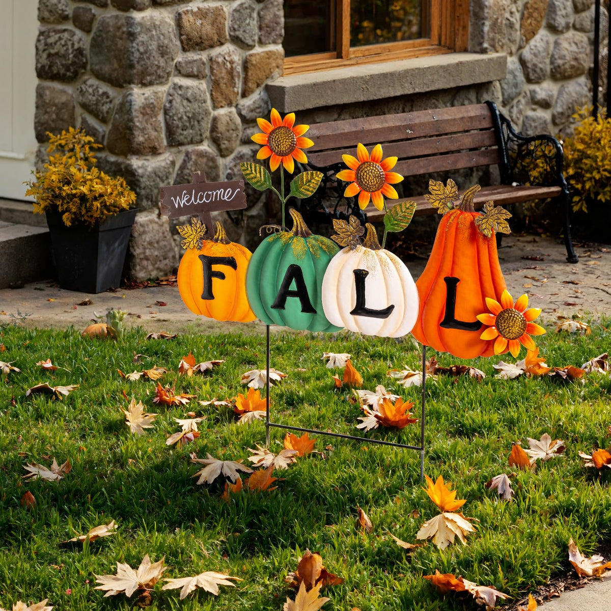 Lanpn Fall Garden Stakes Decorative, 3 Stacked Pumpkin Truck Waterproof Metal Yard Signs 2ft for Home Lawn Patio Porch Autumn Thanksgiving Harvest Season Outdoor Decor (Style 01, 11.4 X 29.9 Inch)