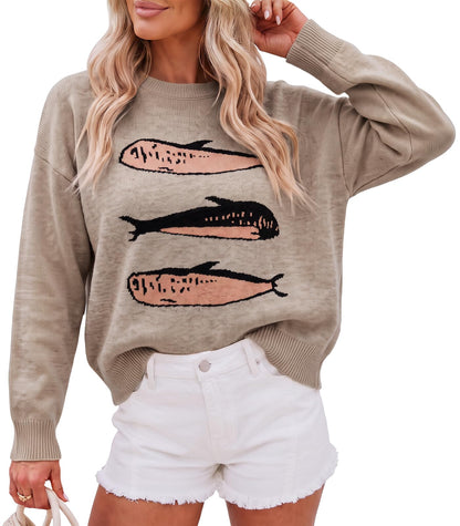 Cicy Bell Womens Graphic Sweaters Lightweight Knit Crewneck Pullover