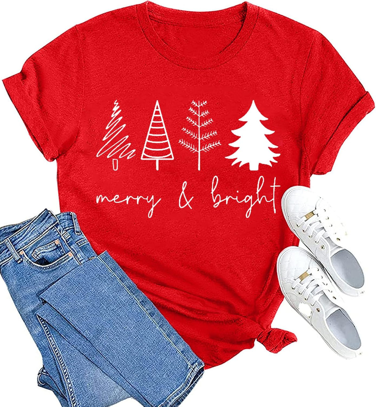 hcihgzr Christmas Shirts for Women Merry and Bright Christmas Shirt Xmas Tree Graphic Holiday T-Shirt Tops