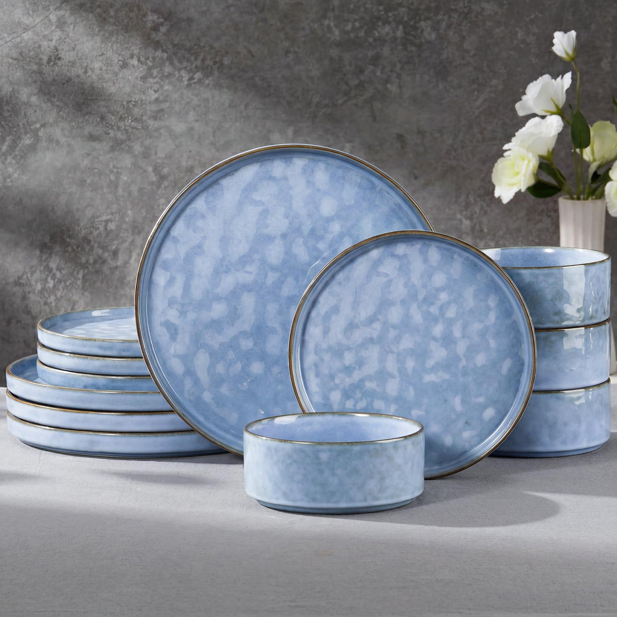 E-far Stoneware Dinnerware Set, 16-Piece Plates and Bowls Sets for 4