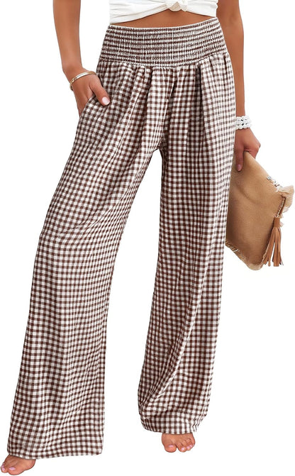 ANRABESS Womens Striped Gingham Wide Leg Palazzo Pants with Pockets