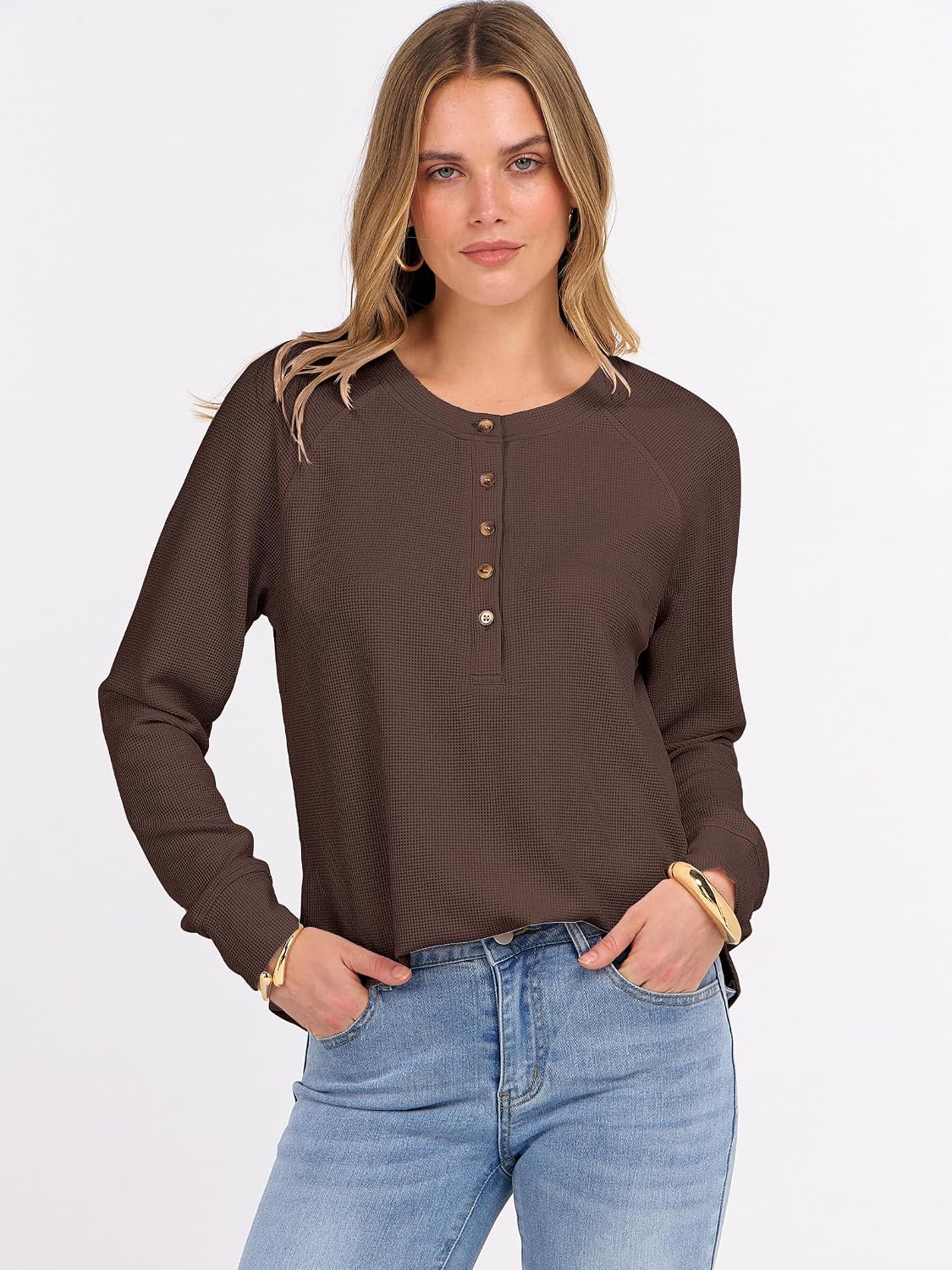 ANRABESS Women's Waffle Knit Henley Top Long Sleeve Shirts