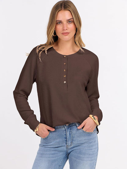 ANRABESS Women's Waffle Knit Henley Top Long Sleeve Shirts