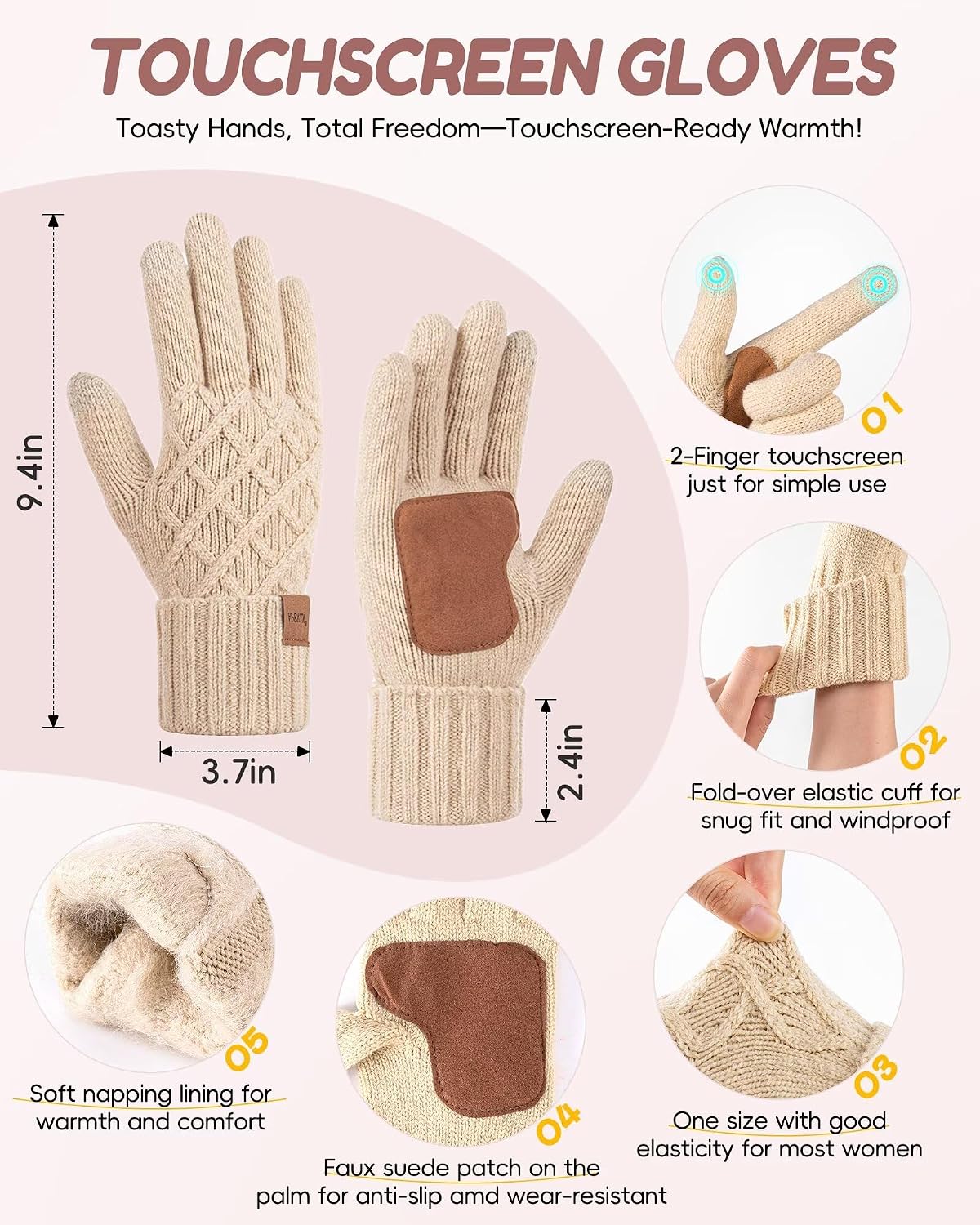 Womens Winter Hat Gloves Scarf Headband Set, Pom Pom Beanie Long Scarf Touchscreen Gloves Ear Warmer, 4 in 1 Warm Gift Set