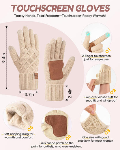 Womens Winter Hat Gloves Scarf Headband Set, Pom Pom Beanie Long Scarf Touchscreen Gloves Ear Warmer, 4 in 1 Warm Gift Set