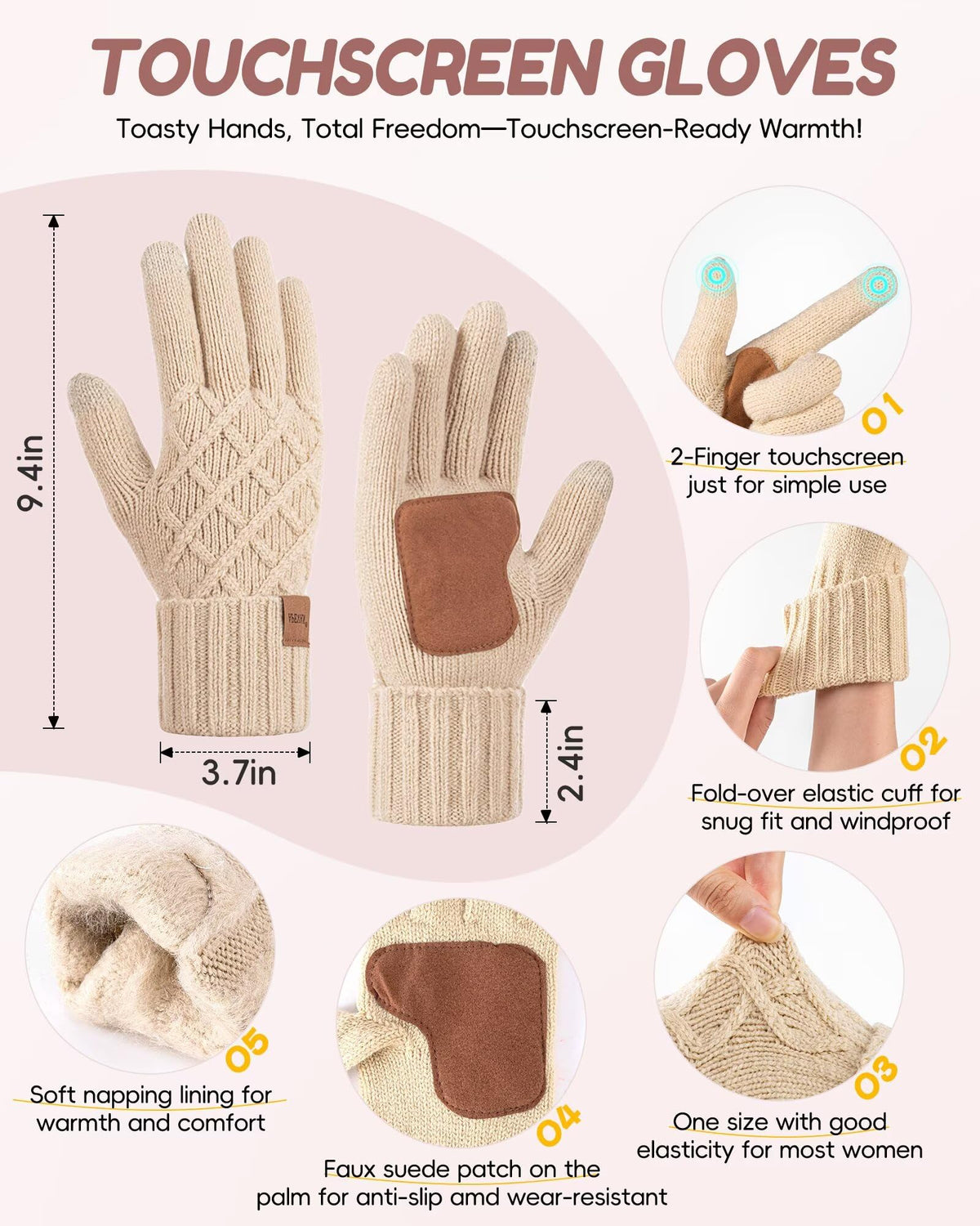 Womens Winter Hat Gloves Scarf Headband Set, Pom Pom Beanie Long Scarf Touchscreen Gloves Ear Warmer, 4 in 1 Warm Gift Set