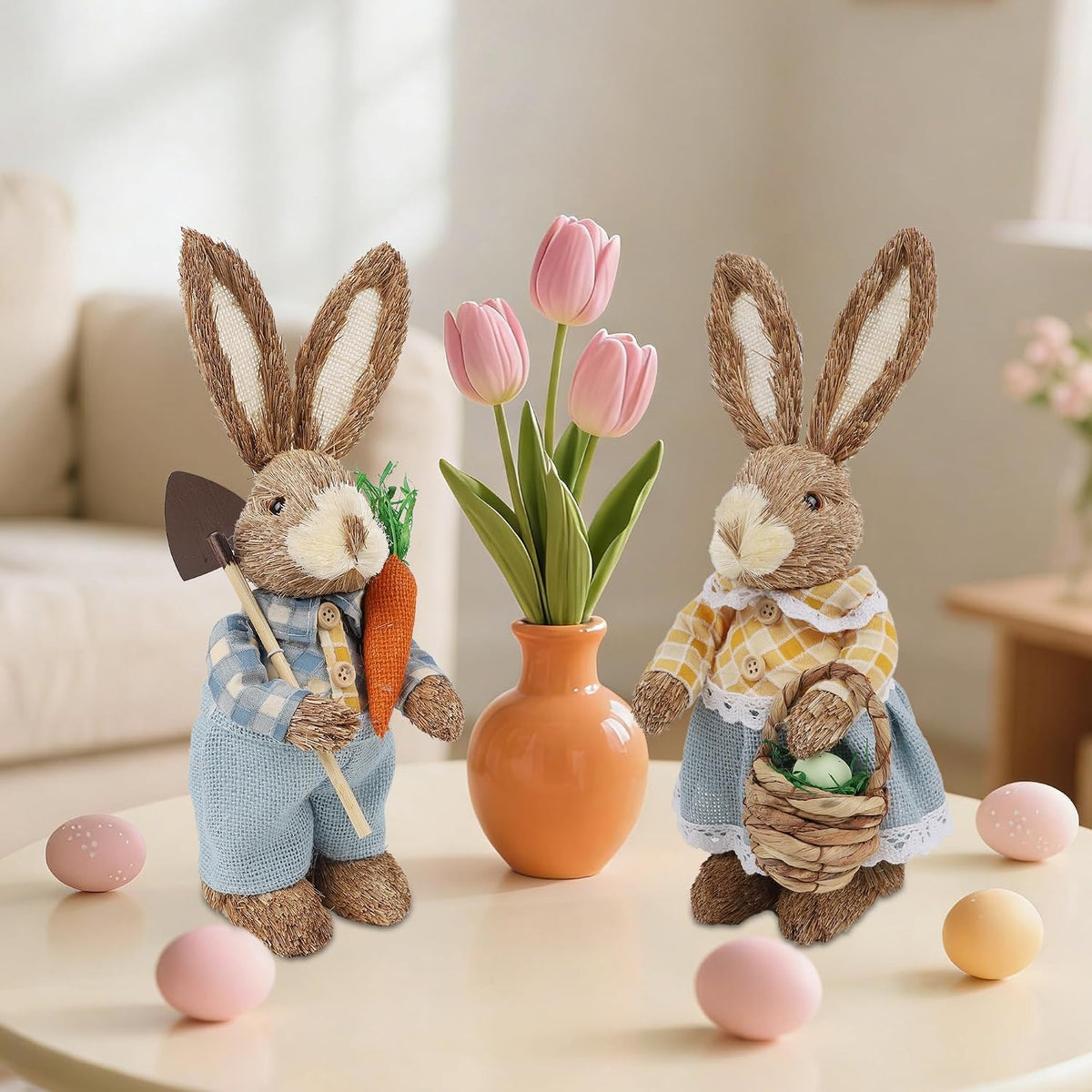 Dr.dudu Set of 2 Easter Decorations 13" Bunny Figurines Tabletop Spring Decor, Rustic Straw Bunny Couple with Carrot, Sisal Rabbit Statues Ornaments for Table Home Office Kitchen Farmhouse